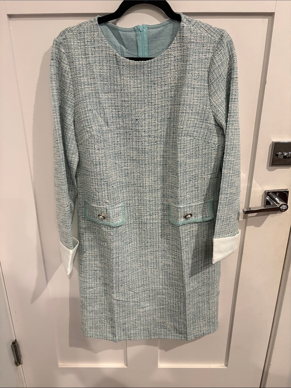 Light Aqua Tweed Long-Sleeve Shift Dress with White Cuff Detail